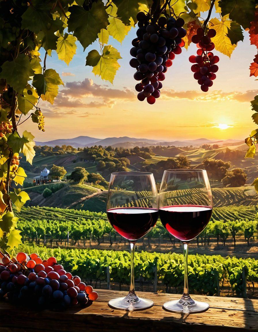 A captivating vineyard landscape in Atlanta, showcasing lush grapevines with ripe clusters of grapes. In the foreground, a glass of rich, deep red wine glistens in the sunlight, reflecting the vibrant hues of the vineyard. In the background, silhouettes of winemakers artfully blending and pouring wine, embodying the science and art of winemaking. A warm, inviting sunset casts golden light over the scene. super-realistic. vibrant colors. 3D.