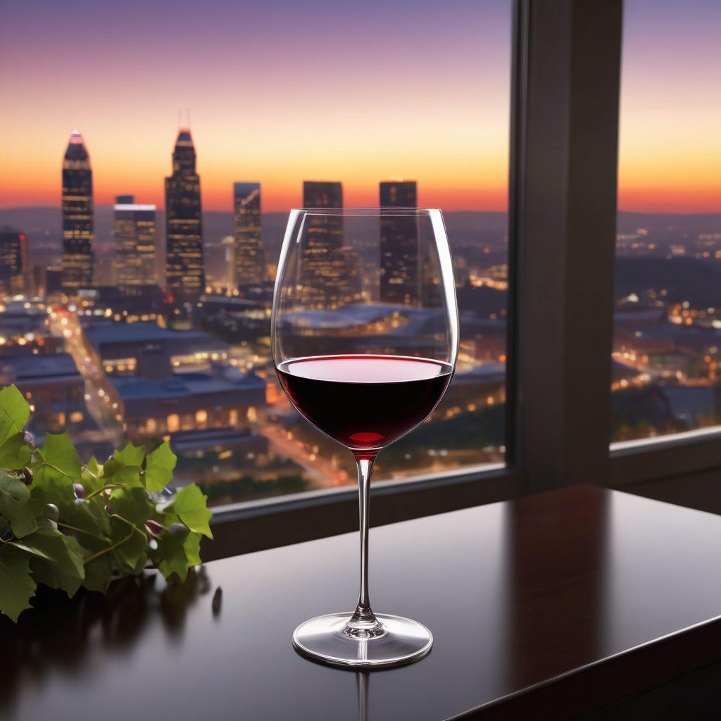 A sophisticated glass of red wine in the foreground, capturing the light with a city skyline of Atlanta in the background. Include elements of grapevines intertwining with modern architecture, signifying innovation in winemaking. Soft ambient lighting creates a warm, inviting atmosphere, enhancing the concept of success and tradition. super-realistic. vibrant colors. 3D.