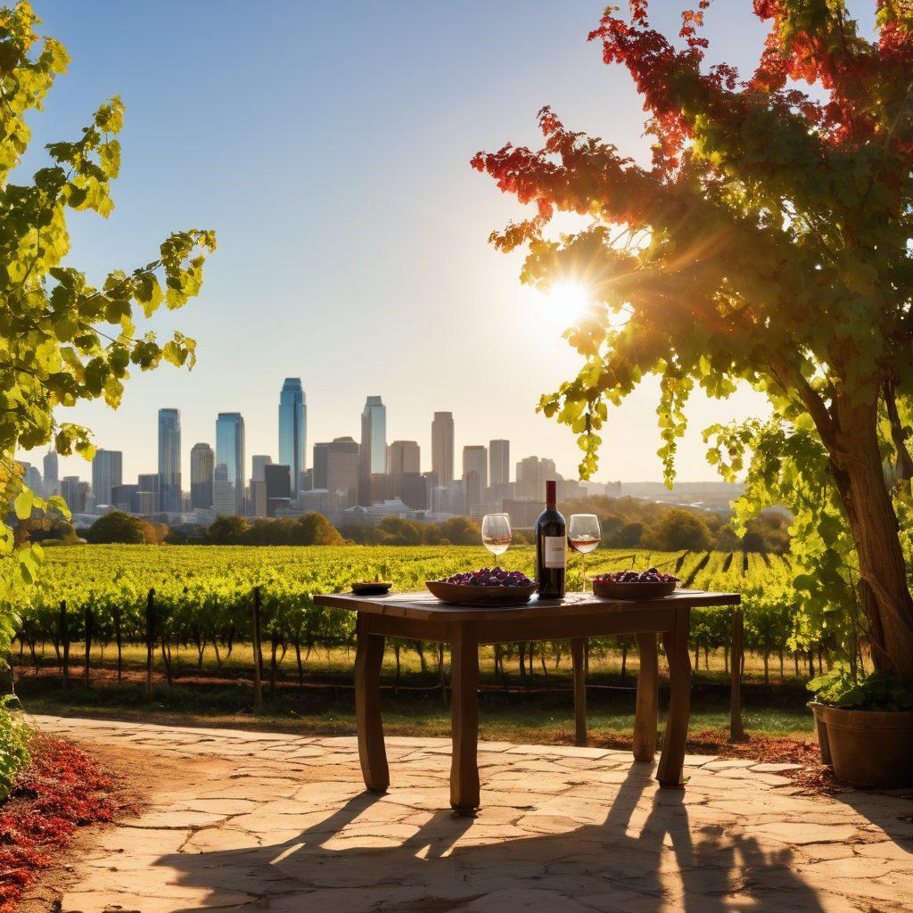 A picturesque vineyard in Atlanta, showcasing lush grapevines with a backdrop of the city skyline. Include a wine tasting setup with elegant glasses and rustic wooden tables, surrounded by innovative wine-making equipment. Vibrant autumn colors in the foliage, bottles of wine artfully placed, and a bright sun casting soft shadows. Highlight the blend of urban and rural elements to represent Atlanta's wine culture. super-realistic. vibrant colors. 3D.